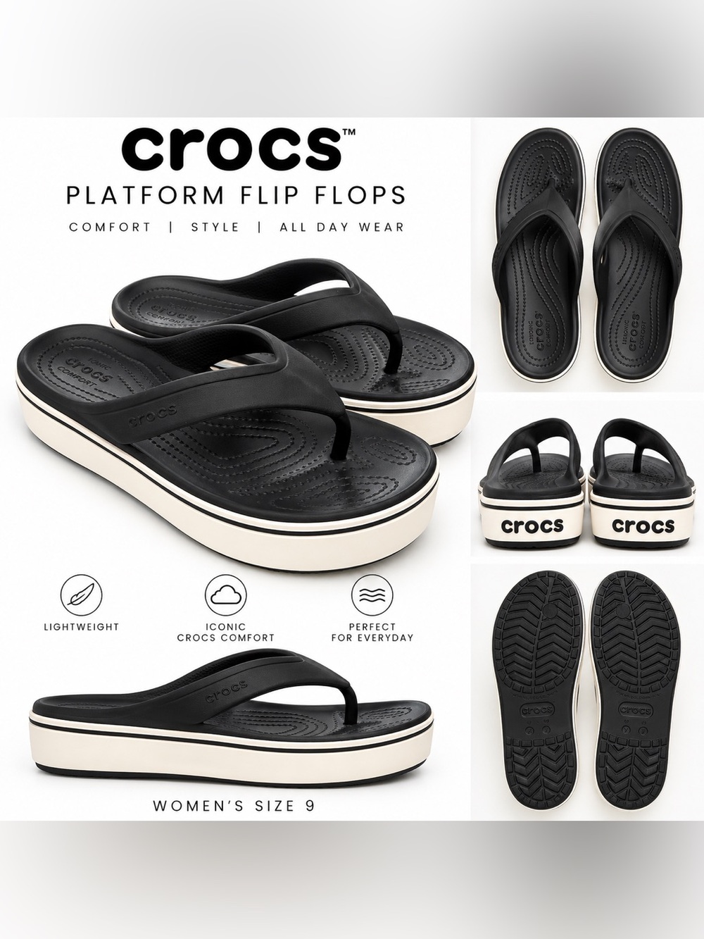 Crocs Women’s Platform Flip Flop Sandals Black & White Size 9